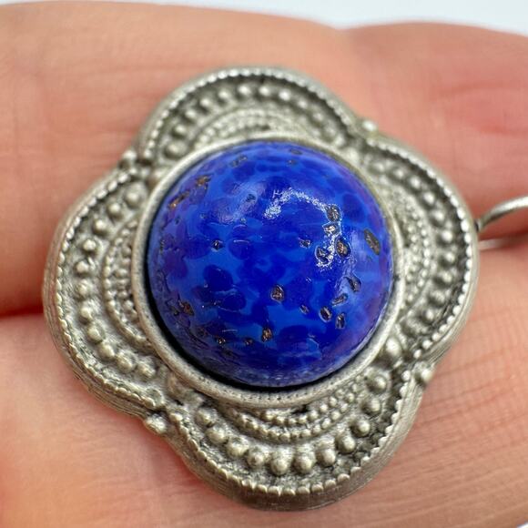 Vintage Blue Speckled Peking Glass Cabochon Earrings Etruscan Revival Bohemian - Picture 2 of 13